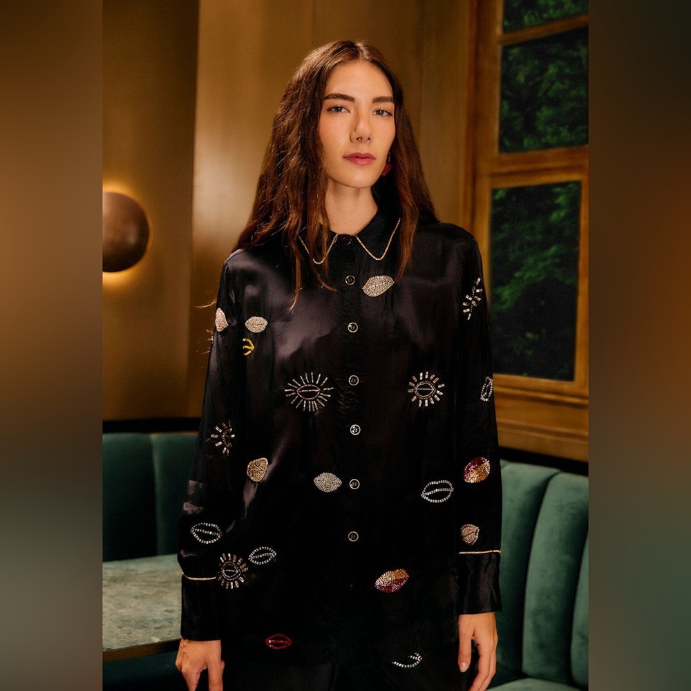 Farm Rio Black Beaded Kisses Buttoned Pajama Shirt